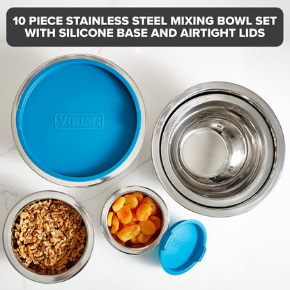 Viking Mixing Bowls Set, 10 Piece Stainless Steel Kitchen Cookware, Non-Slip Silicone Base, Includes Tight Fit Lids, Dishwasher Safe, Grey