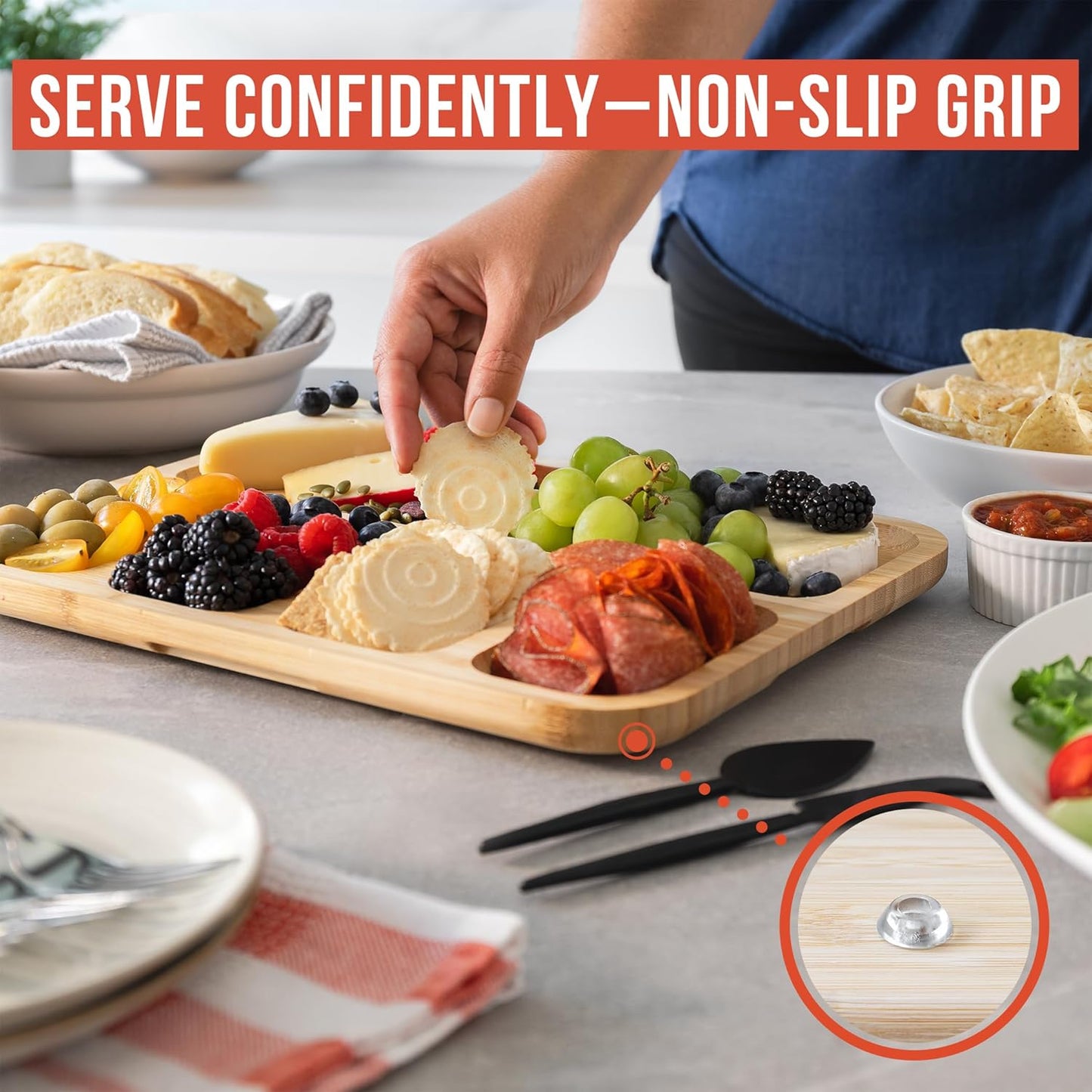 Chef Pomodoro Travel Charcuterie Board With Lid, Serving Tray, Portable, Covered Tray With Lid, Cheese Platter, Wood Grazing Board With 6 Compartments 14.4 X 11.4 in (36.7 X 29 cm)