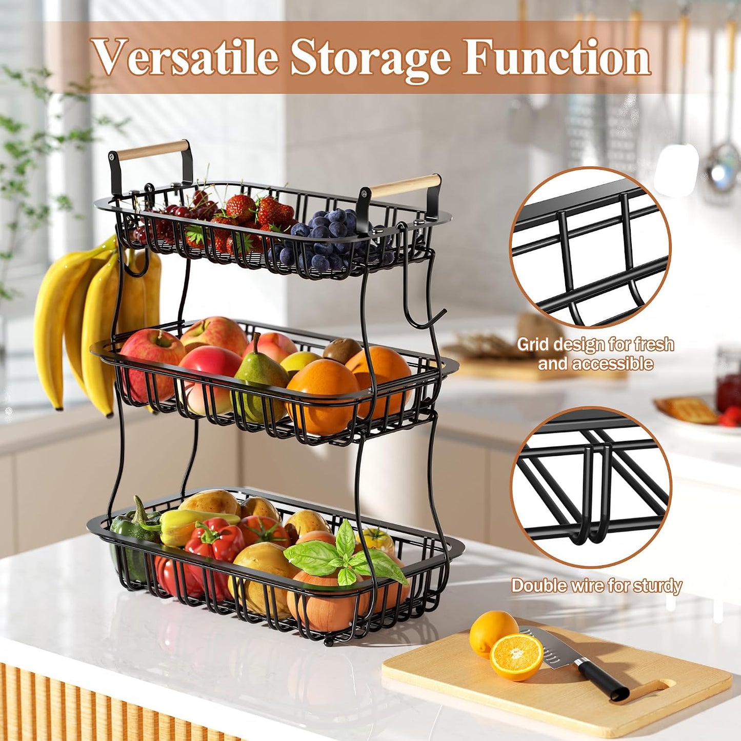 3 Tier Fruit Basket with 2 Banana Hooks, Large Capacity Multifunctional Detachable Sturdy Fruit Bowl with Wooden Handle Mesh Top for Kitchen Counter, for Bread Snacks Vegetables Produce, Black