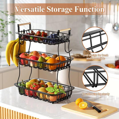 3 Tier Fruit Basket with 2 Banana Hooks, Large Capacity Multifunctional Detachable Sturdy Fruit Bowl with Wooden Handle Mesh Top for Kitchen Counter, for Bread Snacks Vegetables Produce, Black