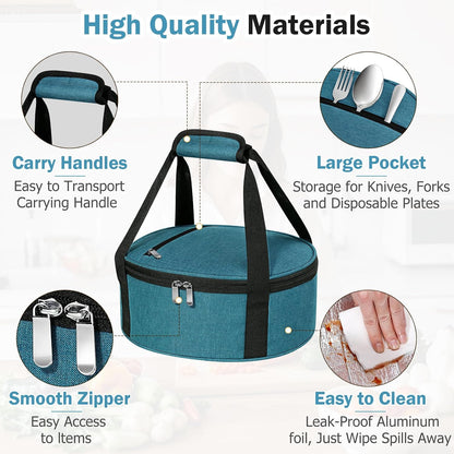 Round Insulated Casserole Carrier – 12" Portable Pie Carrier Bag for Hot or Cold Food, Leakproof Thermal Lunch Tote with Handle for Parties Picnic & Travel - Grey