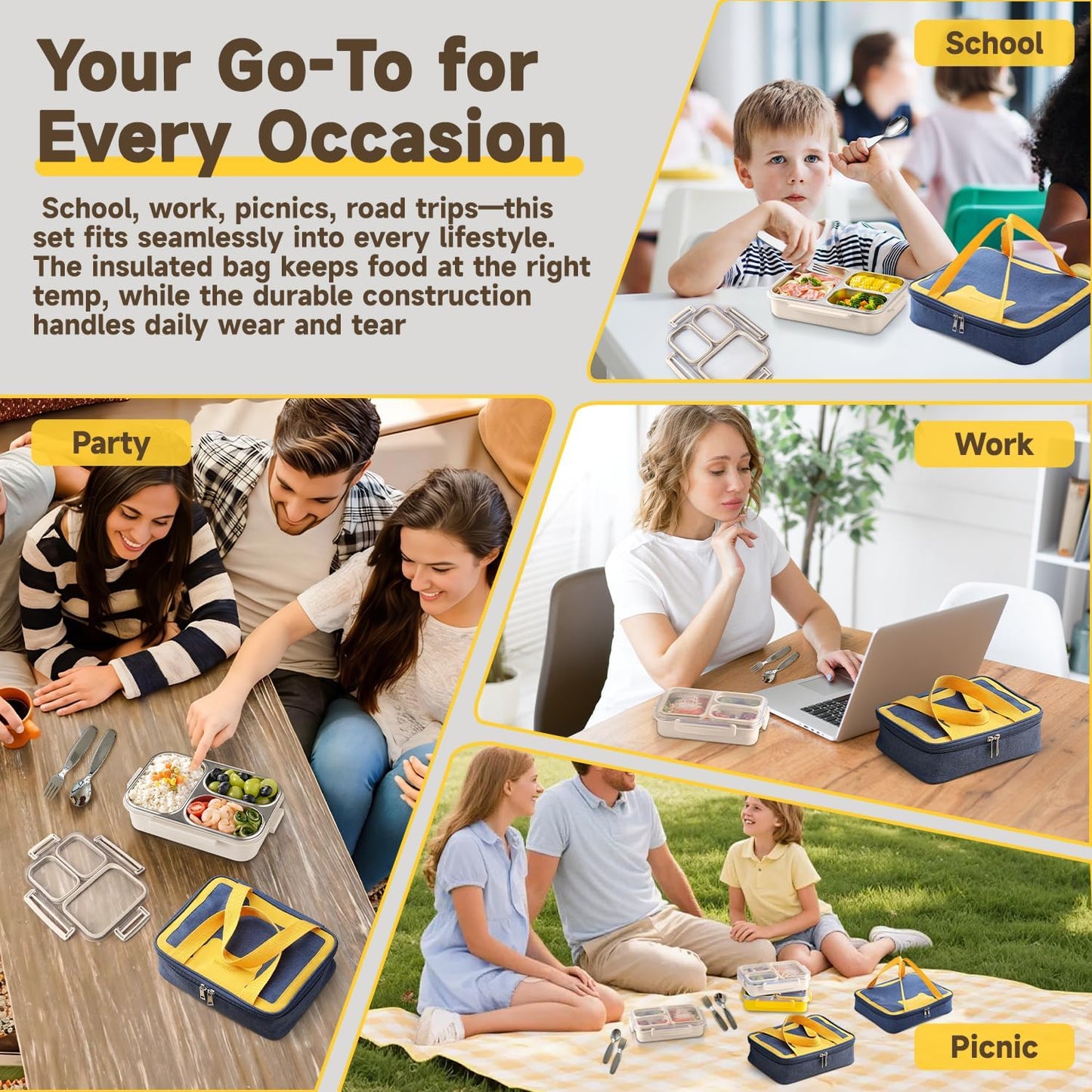 Stainless Steel Bento Lunch Box Set with Spoon, Fork & Insulated Lunch Bag, 25oz Leakproof Bento Box for Adults & Kids, Ideal for School, Home, Office, Picnic & Healthy meal prep containers (yellow)