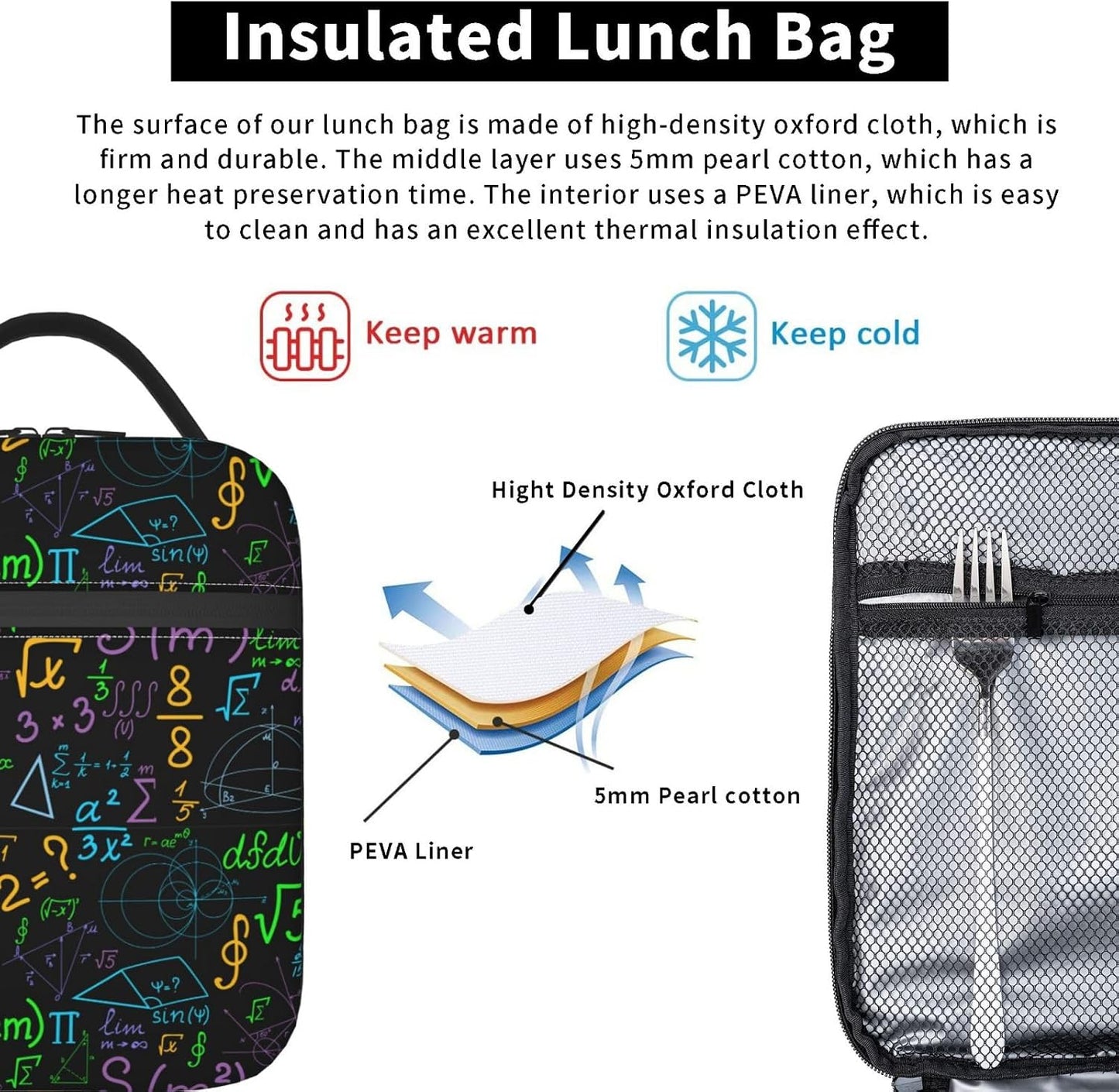 Black Cat Reusable Lunch Box Food Bag Insulated Lunch Bag for Teenage Boys Girls School Beach