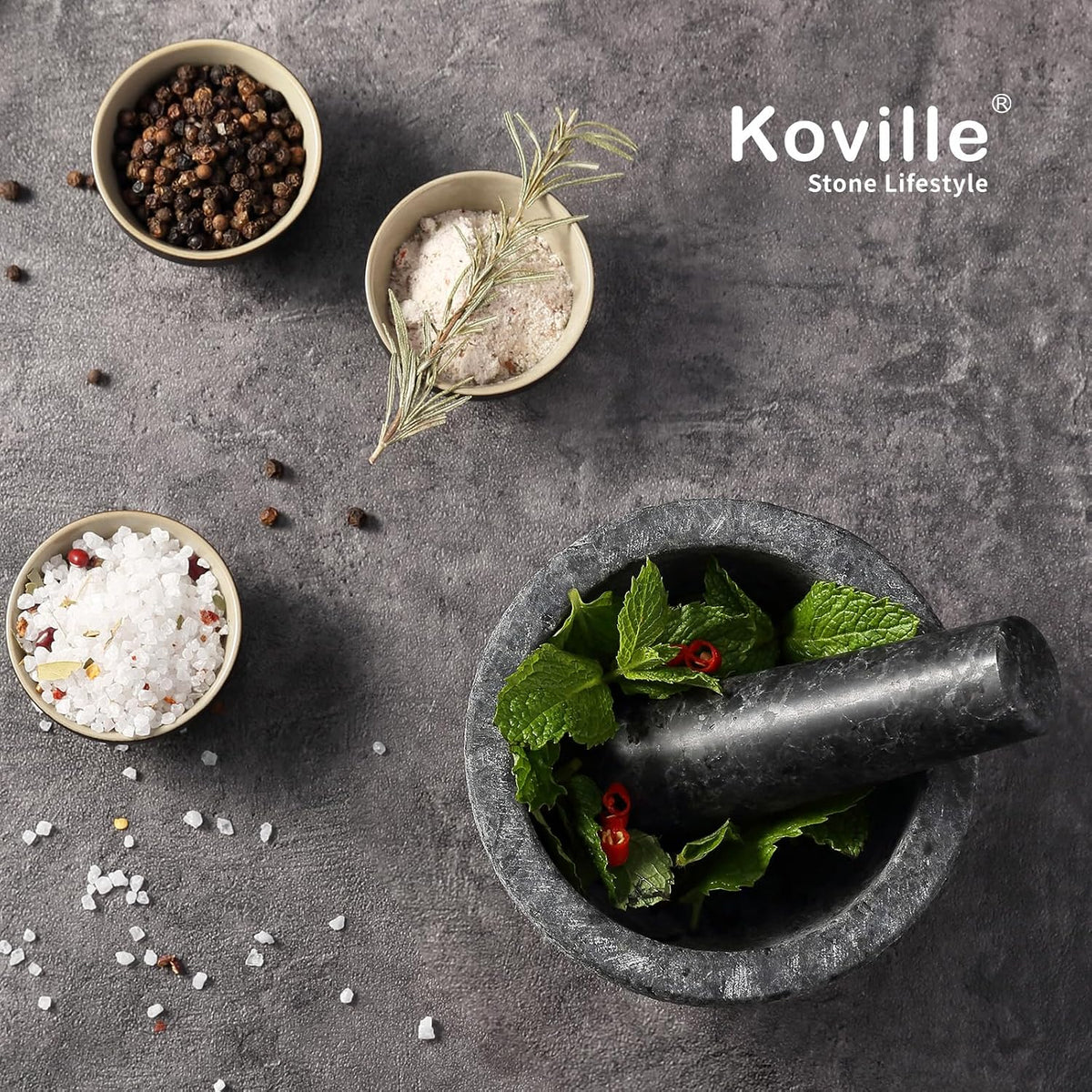Koville Luxury Marble Mortar and Pestle Set, 7"-4cups Grinder Bowl for Guacamole, Salsa, Pill Crusher, Spice, Herb, Garlic, Nut, Heavy Duty Grinder for Kitchen