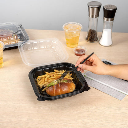 Thermo Tek 40 Ounce Clamshell Containers, 50 Disposable Take Out Boxes - 3 Compartments, Ventilated Lids, Black Plastic Meal Prep Containers, Microwavable, For Pasta Or Salads - Restaurantware