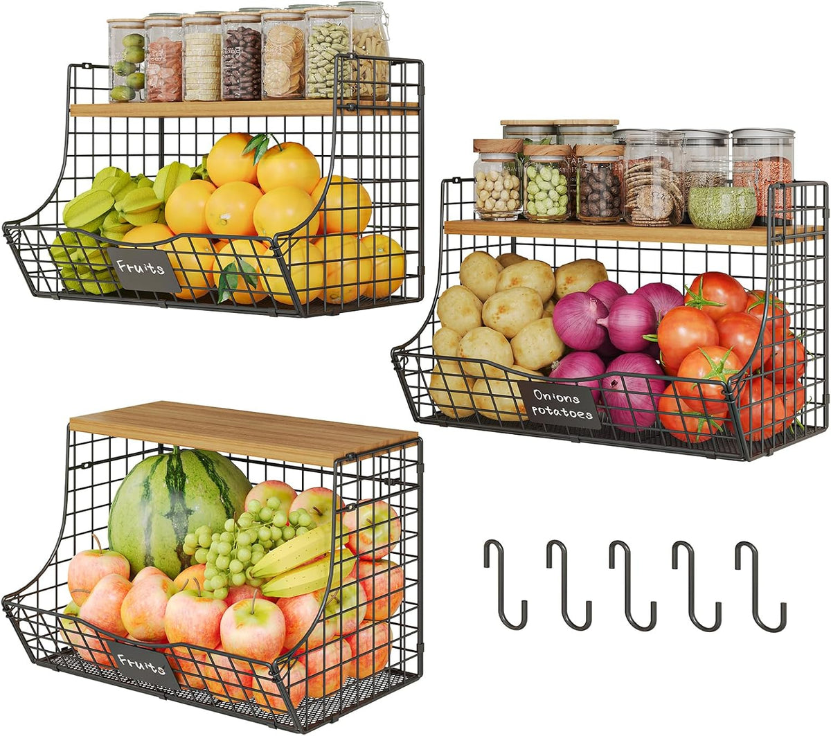 3 Pack Extra Large Fruit Basket for Kitchen with Wood Lid Nameplate - Counter&Wall Mounted Onion and Potato Storage Bin, Stackable Metal Hanging Wire Baskets,15.74 * 8.66 * 10.63 inch