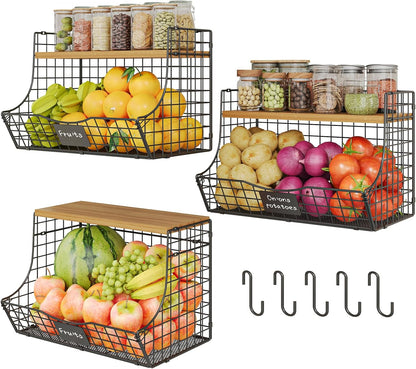 3 Pack Extra Large Fruit Basket for Kitchen with Wood Lid Nameplate - Counter&Wall Mounted Onion and Potato Storage Bin, Stackable Metal Hanging Wire Baskets,15.74 * 8.66 * 10.63 inch