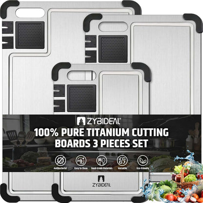 Set of 3 Premium Titanium Cutting Board, Chopping Board with Dual Knife Sharpeners, Juice Grooves, Garlic Grinding Area, Non-Slip Corner Guards, Multi-functional Cutting Board for Kitchen
