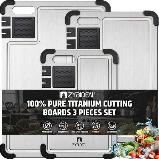 Set of 3 Premium Titanium Cutting Board, Chopping Board with Dual Knife Sharpeners, Juice Grooves, Garlic Grinding Area, Non-Slip Corner Guards, Multi-functional Cutting Board for Kitchen