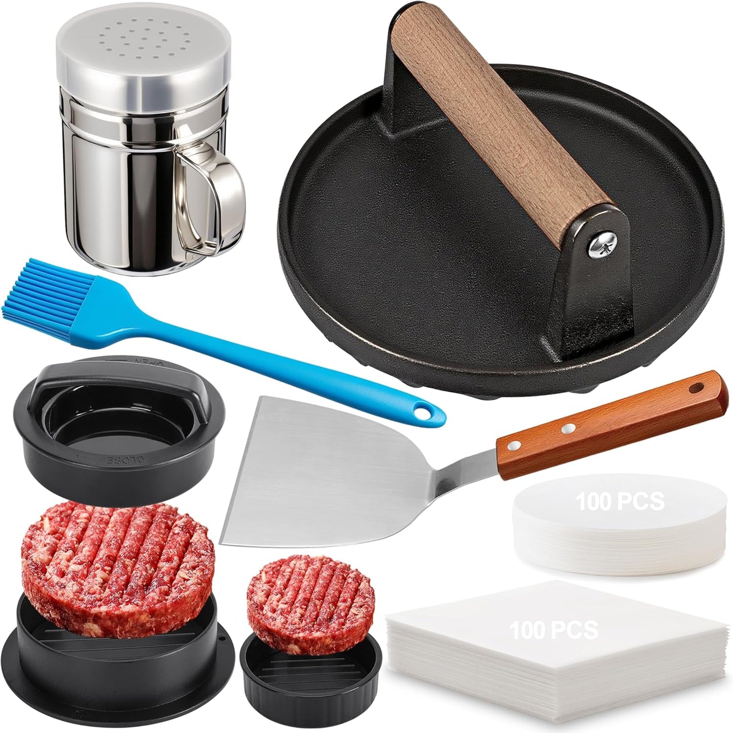 7" Cast Iron Smash Burger Press, Hamburger Press Patty Maker, Stainless Steel Spatula, Nonstick Patty Papers, Seasoning Shaker and Brush, Smash Burger Press Kit for Blackstone Griddle Grills