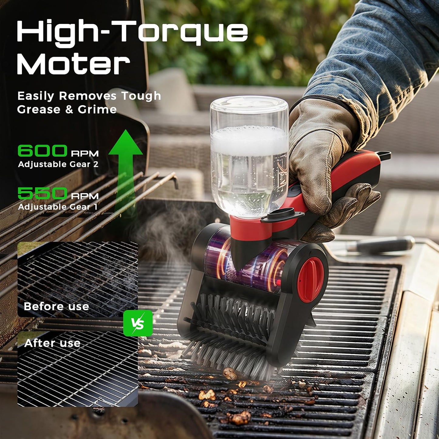 Electric Grill Brush, 100W High Power Cordless BBQ Cleaner with 300ml Water Spray Tank, IPX8 Waterproof Automatic Scrubber for Gas Charcoal Grills, 2-Speed Rechargeable Power Brush with Scraper