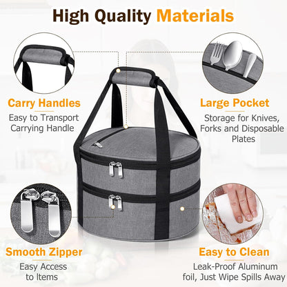 Round Insulated Casserole Carrier – 12" Portable Pie Carrier Bag for Hot or Cold Food, Leakproof Thermal Lunch Tote with Handle for Parties Picnic & Travel - Grey