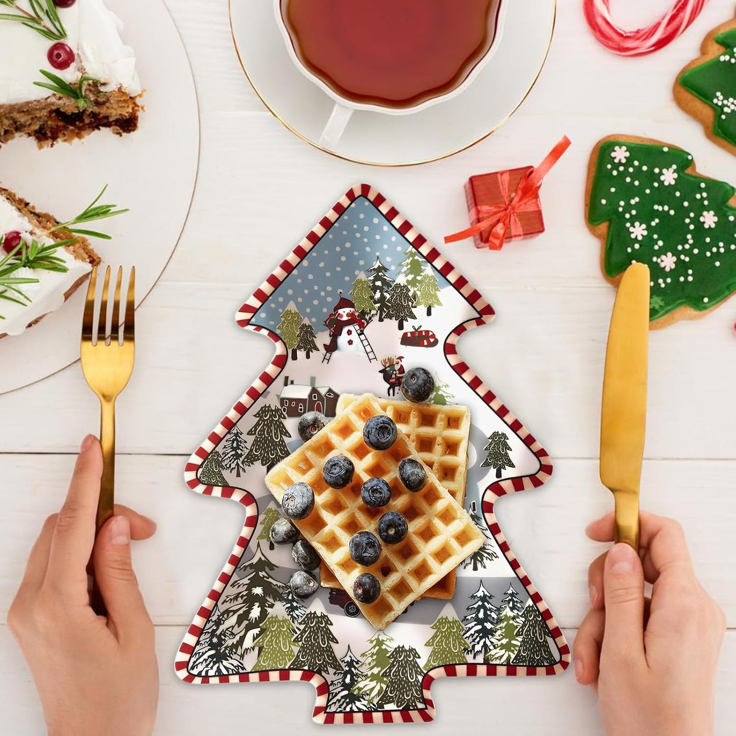 Christmas Tree Melamine Tray - Santa & Snowman Pattern | Ideal for Holiday Treats, Candy, and Feasts | Festive Tableware for Christmas Parties (1 Pack)