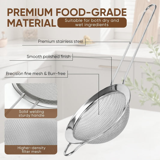 Mini Fine Mesh Strainer Set 5 Pack, Stainless Steel Small Sieves Colanders, Multipurpose Sifter Strainer for Tea, Pasta, Juice & Baking（ 2.13″, 2.72″, 3.29″, 3.9″ and 4.72″）