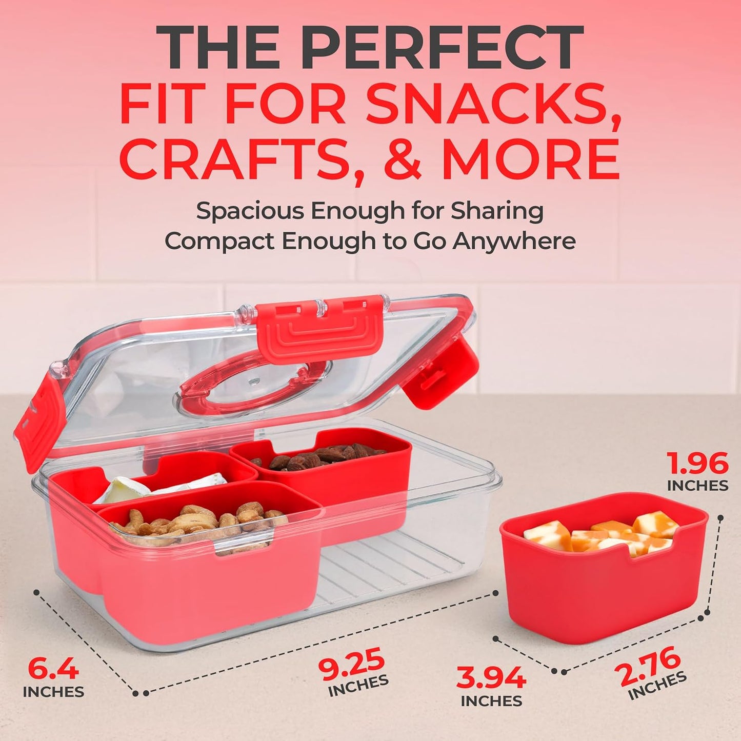 KEYVOZ Snackle Box Container with Lid- Travel Charcuterie Box with Handle - Organizer for Candy, Fruit, Nuts, Veggies, Snacks, Beach Essentials, Portable Lunch Box (Red, Small)