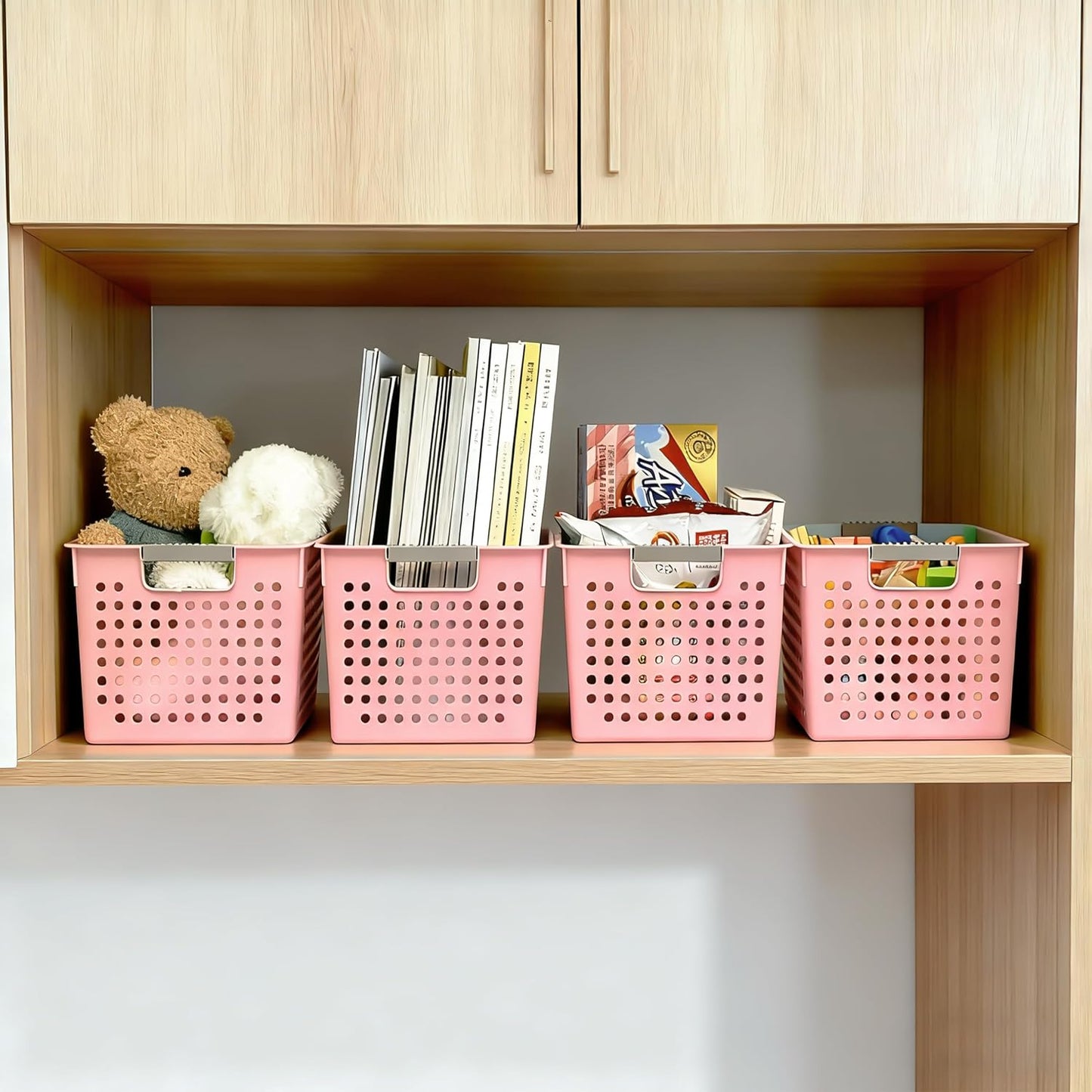 Soddeph 4 Pack Plastic Storage Basket with Handles, Small Deep Organizer Bin with Hollow Design for Under Counter, Shelf, Closet, Kitchen or Bathroom (White, Small)