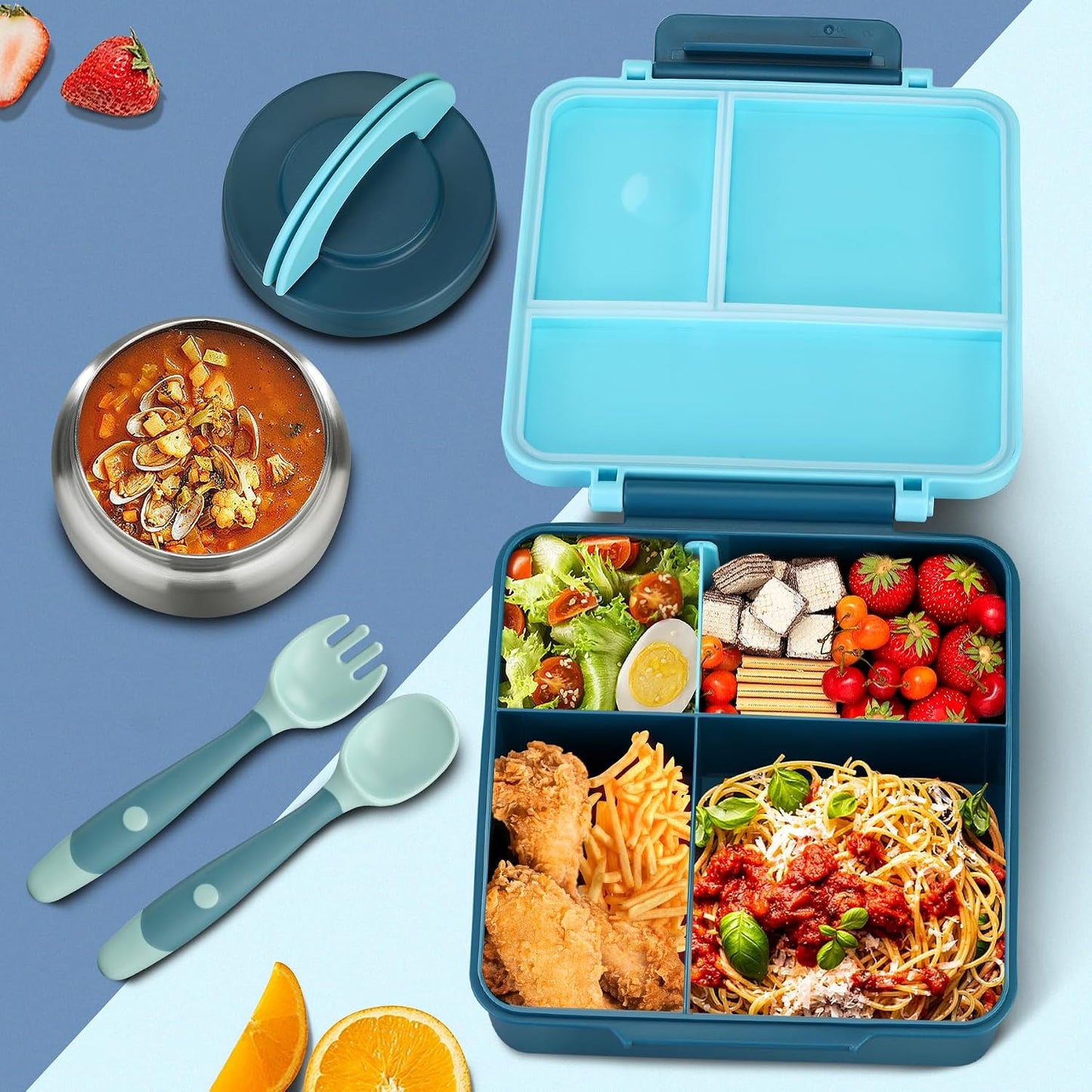 Itslife Bento Lunch Box for Kids with 8oz Soup Thermo&Lunch Bag, Leak-Proof Lunch Food Containers with 4 Compartment, Hot Food Insulated Food Jar for Kids School (Green)