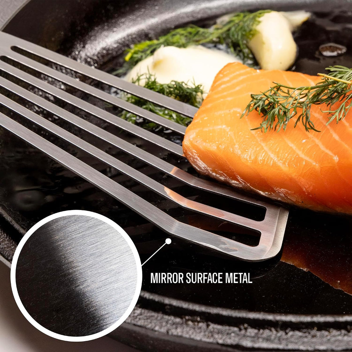 Professional Fish Spatula Stainless Steel Set - 1 Large + 1 Small stainless steel spatula - mirror polished spatulas with heat resistant ergonomic handles - fish turner for Flipping, Frying & Grilling