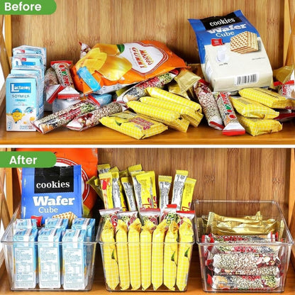 3 Pack Food Storage Organizer Bins, Clear Plastic Bins Removable Snack Organizer with 3 Dividers, Plastic Fridge Organizer and Cabinet Organizer for Kitchen, Pantry, Condiment, Packets Spices
