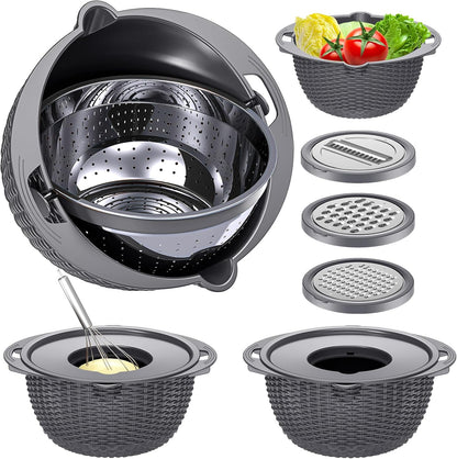 4-1 Colander with Bowl & Spoons Set - Rotatable Colander for kitchen with New Upgraded Graters, Food Strainer(Patented) for Pasta, Fruits, Vegetables, Funny Presents for Women, Beige