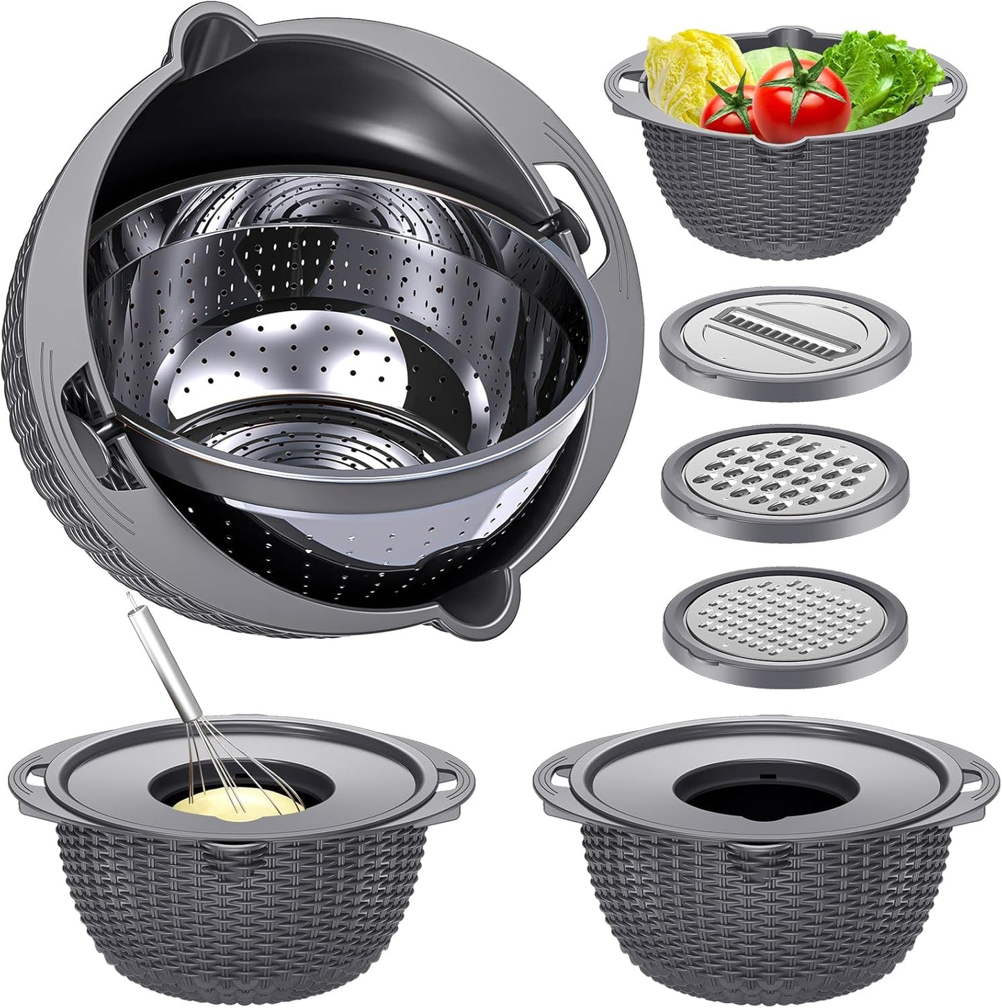 4-1 Colander with Bowl & Spoons Set - Rotatable Colander for kitchen with New Upgraded Graters, Food Strainer(Patented) for Pasta, Fruits, Vegetables, Funny Presents for Women, Beige