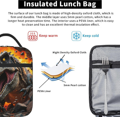 Dinosaur Volcano Insulated Lunch Bag for Women & Men, Reusable Leak-Proof Lunch Box with Cooler Compartment, Lunch Tote for Adults Work Travel Picnic Durable & Washable