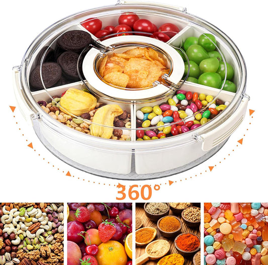 Snackle Box Container Divided Serving Tray with Lid, Handle, Spoon and Fork - Kitchen Portable Spinning Round Stackable Container with 6-Compartment for Veggies, Fruit, Candy, Party, Nuts, Essentials