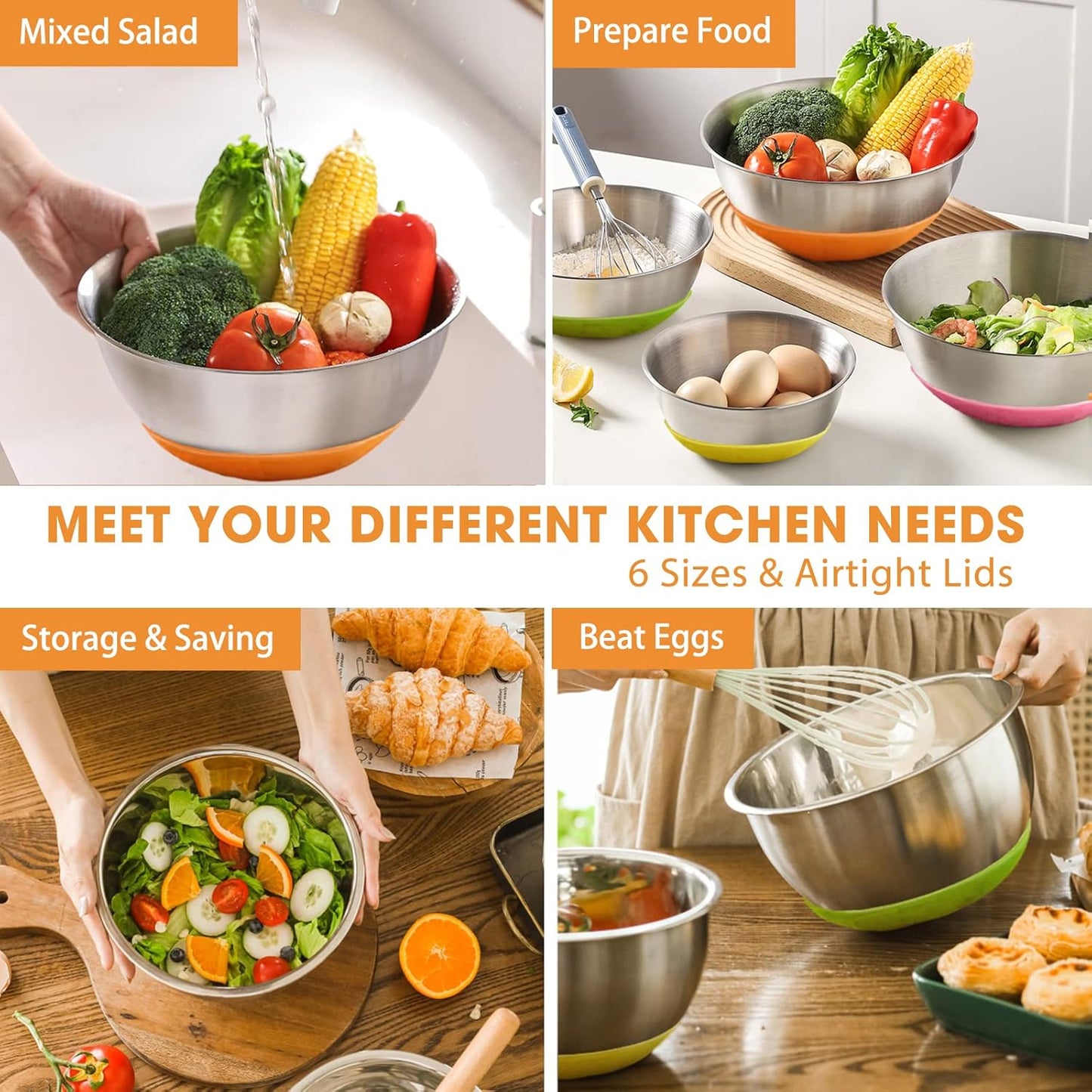 Umite Chef Mixing Bowls with Airtight Lids, 6 piece Stainless Steel Metal Nesting Storage Bowls, Non-Slip Bottoms Size 7, 3.5, 2.5, 2.0,1.5, 1QT, Great for Mixing & Serving (Khaki)