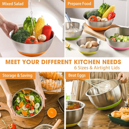 Umite Chef Mixing Bowls with Airtight Lids, 6 piece Stainless Steel Metal Nesting Storage Bowls, Non-Slip Bottoms Size 7, 3.5, 2.5, 2.0,1.5, 1QT, Great for Mixing & Serving (Khaki)