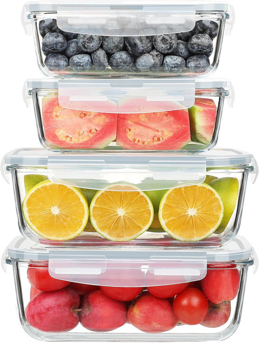 KOMUEE 4 Pack 63oz+27oz Large Glass Food Storage Containers Set with Airtight Lids, BPA-Free, Meal Prep Containers for Storing, Freezer, Microwave and Oven Safe