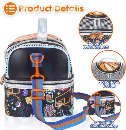 Kids Double Decker Cooler Insulated Lunch Bag, Back to School Large Meal Tote for Boys, Girls, Men, Women, with Adjustable Strap, Soccer