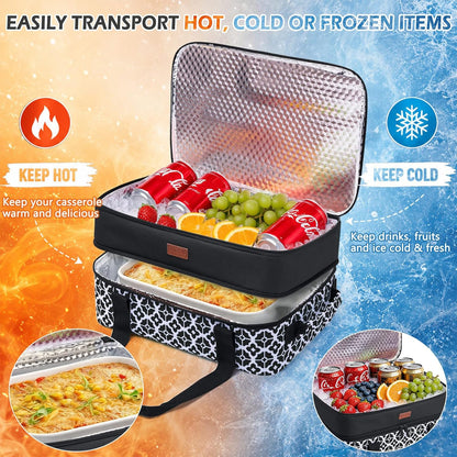 Double Layer Insulated Casserole Carrier, Fits 9" x 13" Baking Dish, Food Transport Carrier with Utensil Pocket for Hot & Cold Dishes, Reusable Potluck Tote for Thanksgiving, Parties&Family Gatherings