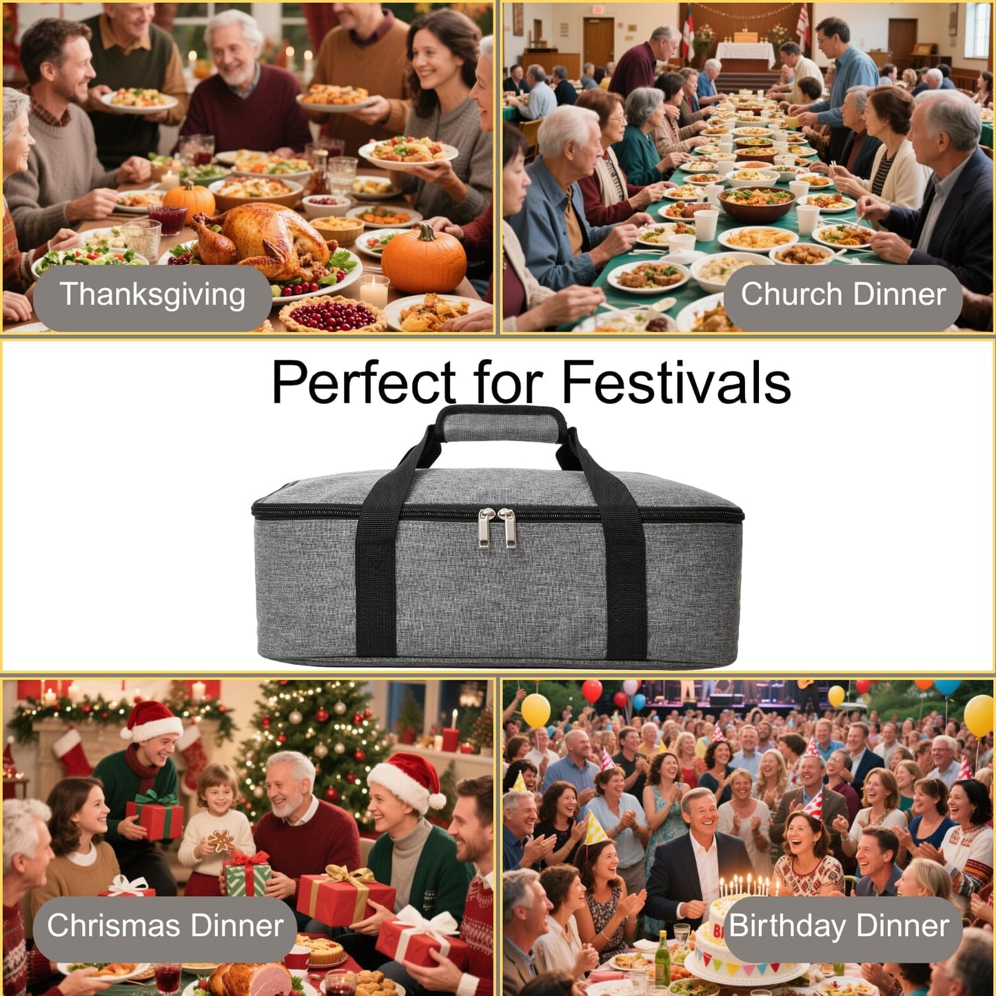 Lestyn Insulated Casserole Carrier Bag - Portable Reusable Food Transport Tote Bag Fits 9x13 Lasagna Baking Dish Pan to Keep Food Hot/Cold for Gathering/Potluck Parties/Cookout/Camping/Offices-Gray