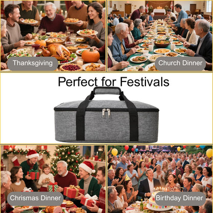 Lestyn Insulated Casserole Carrier Bag - Portable Reusable Food Transport Tote Bag Fits 9x13 Lasagna Baking Dish Pan to Keep Food Hot/Cold for Gathering/Potluck Parties/Cookout/Camping/Offices-Gray