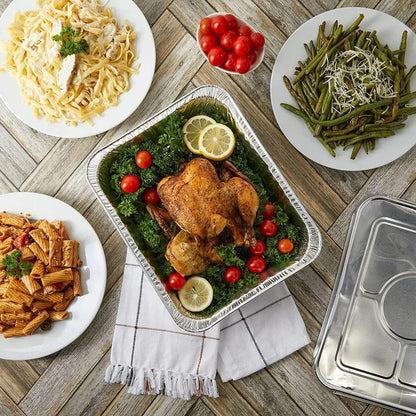Rectangular Disposable Aluminum Pans with Clear Lids - (25 Pack/Lids), Durable Roasting Pan, Cookware, Baking, Meal Prep, Food Leftovers, Steam Table Tray, BBQ Safe & Spill Free
