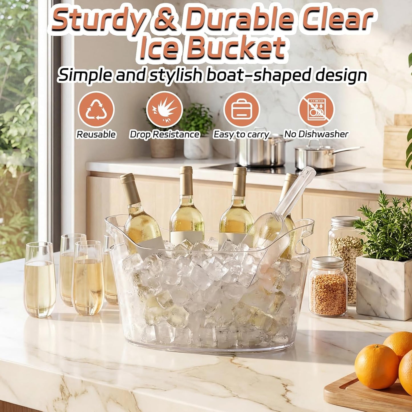 4 Pack 6.5L Clear Ice Buckets for Parties, Large Plastic Beverage Tub Set with Scoops, Champagne Flutes & Wine Opener, Portable Drink Cooler Champagne Bucket for Beer & Mimosa Bar Supplies