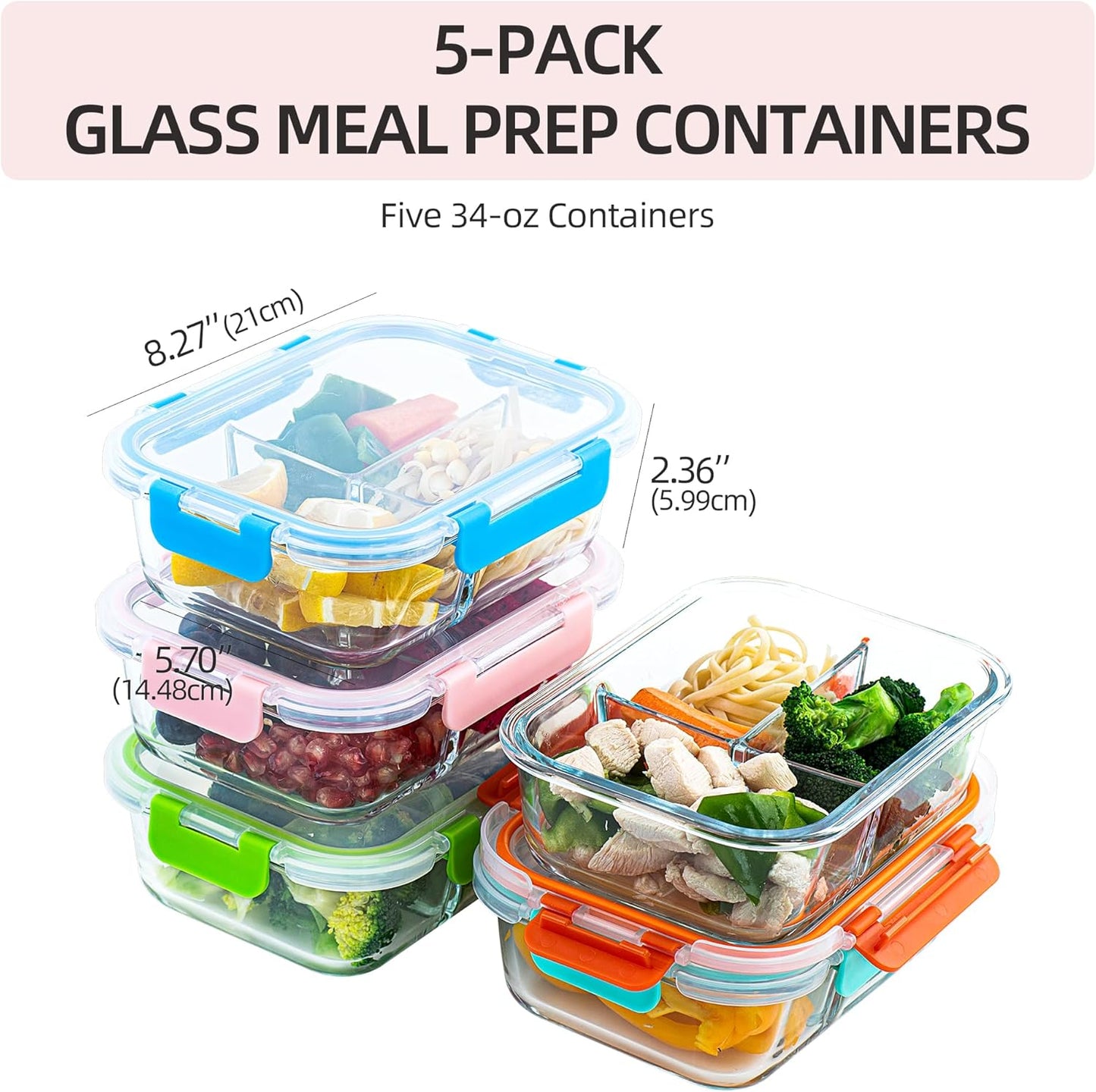 5-Pack,3 Compartment Glass Meal Prep Containers Set,34oz, Divided Food Storage Containers with Lids, Glass Lunch Box with 3 Dividers