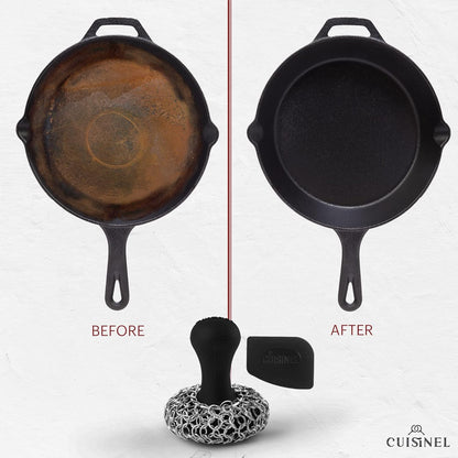Cuisinel Cast Iron Scrubber Cleaning Brush + Pan/Grill Scraper - Skillet and Grill Cleaner Kit - Soft-Touch Confident-Grip Dish Scrub Tool - Tough on Grease, Gentle on Metal and Non-Stick Cookware