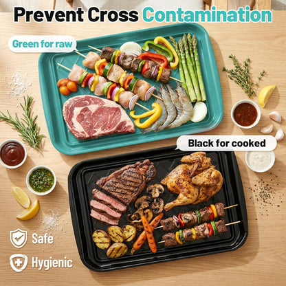 Grilling Prep & Serving Tray, Set of 2 Stackable Plastic BBQ Trays for Raw and Cooked Food, Dishwasher Safe, 17"×10.5" Outdoor Cooking, BBQ Accessories for Parties, Green & Black