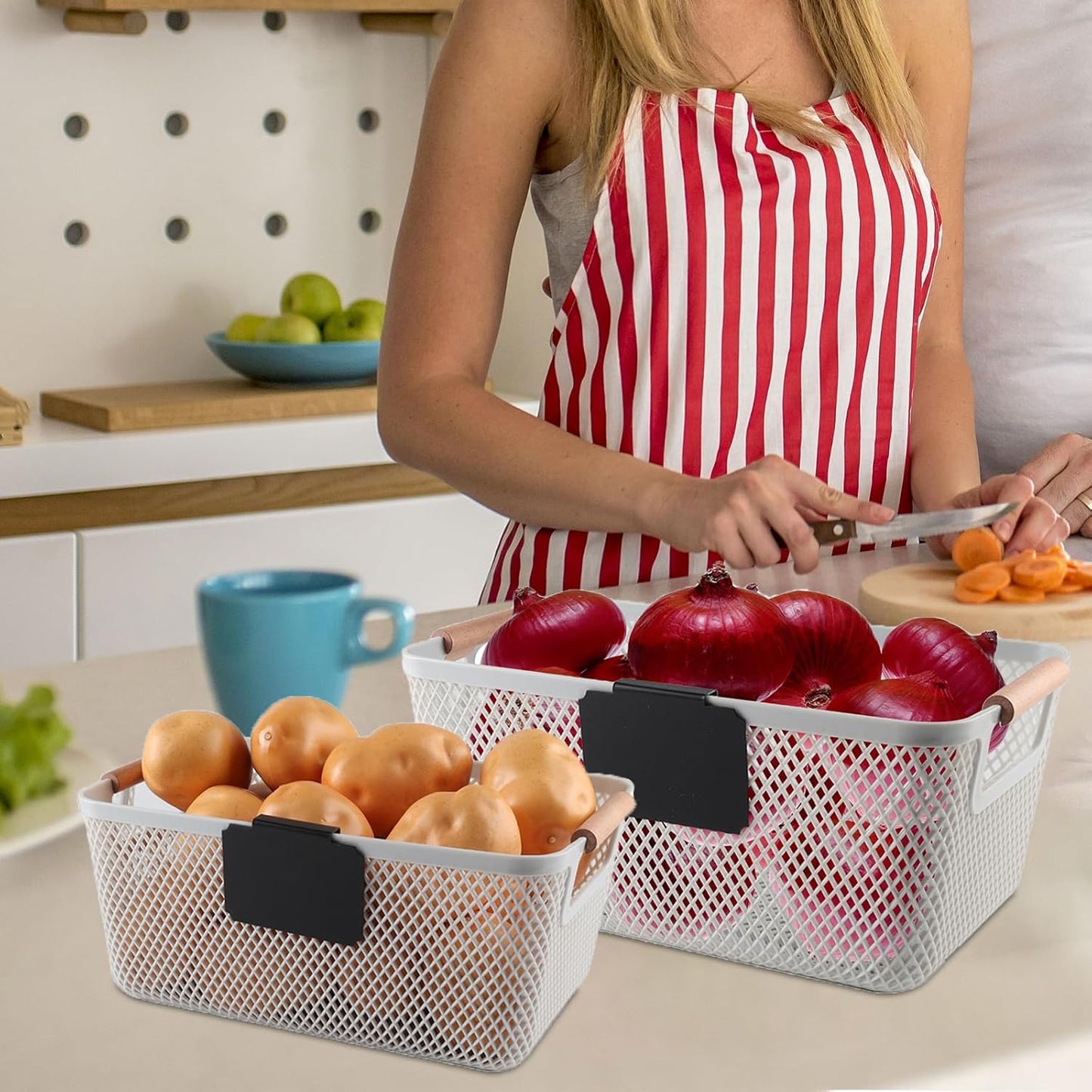 Onion and Potato Storage Baskets,A set of 2 Wooden Handle storage Basket Stackable Plastic Pantry Bins, Multifunctional Organizers for Kitchen, Countertop, and More Vegetable Storage Box (Black-2pack)