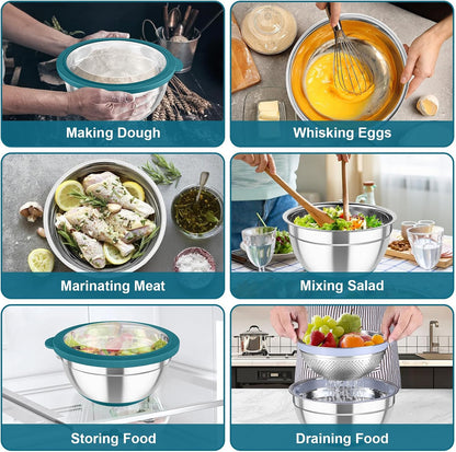 TeamFar Mixing Bowls with Colander Set, Stainless Steel Strainer and Nesting Salad Bowls, with Lids & 3 Graters, Non-Slip Bottom & Visible Lid, Rotatable & Dishwasher Safe, 4.6/3/1.5 QT, Khaki