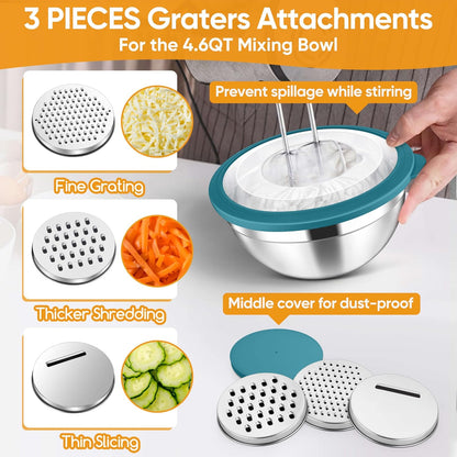 Herogo 5-Piece Mixing Bowls with Airtight Lids, 3 Grater Attachments, Stainless Steel Salad Serving Bowls for Kitchen, Size 4.6, 3.5, 2.5, 2, 1.5QT Ideal for Prepping & Cooking, Black