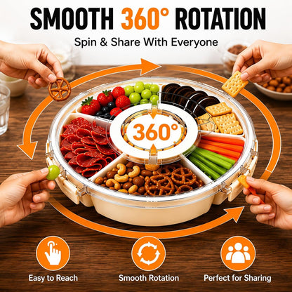 Snackle Box Container with Lid & Handle, 6 Compartment Snack Tray for Kids & Adults, Portable Serving Tray for Fruit, Veggies, Candy & Snacks, Rotating Organizer for Travel, Party & Movie Night