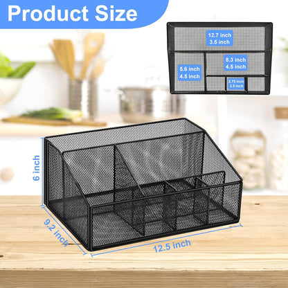 Paper Plate Holder for Countertop,Paper Plate Dispenser,Metal Silverware Caddy with 6 Compartments,Picnic and Camping Utensil Holder for Plates Cups Napkins Forks Knives Spoons-Black
