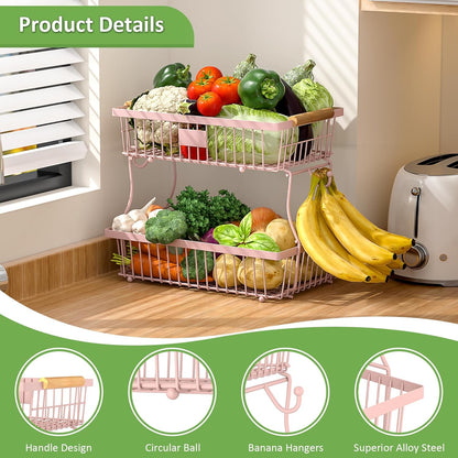2 Tier Fruit Basket for Kitchen Counter with 2 Banana Hangers, Countertop Metal Bread Basket with Wooden Handle, Large Storage Stand for Vegetables, Snacks, Eggs, Produce Storage – Black