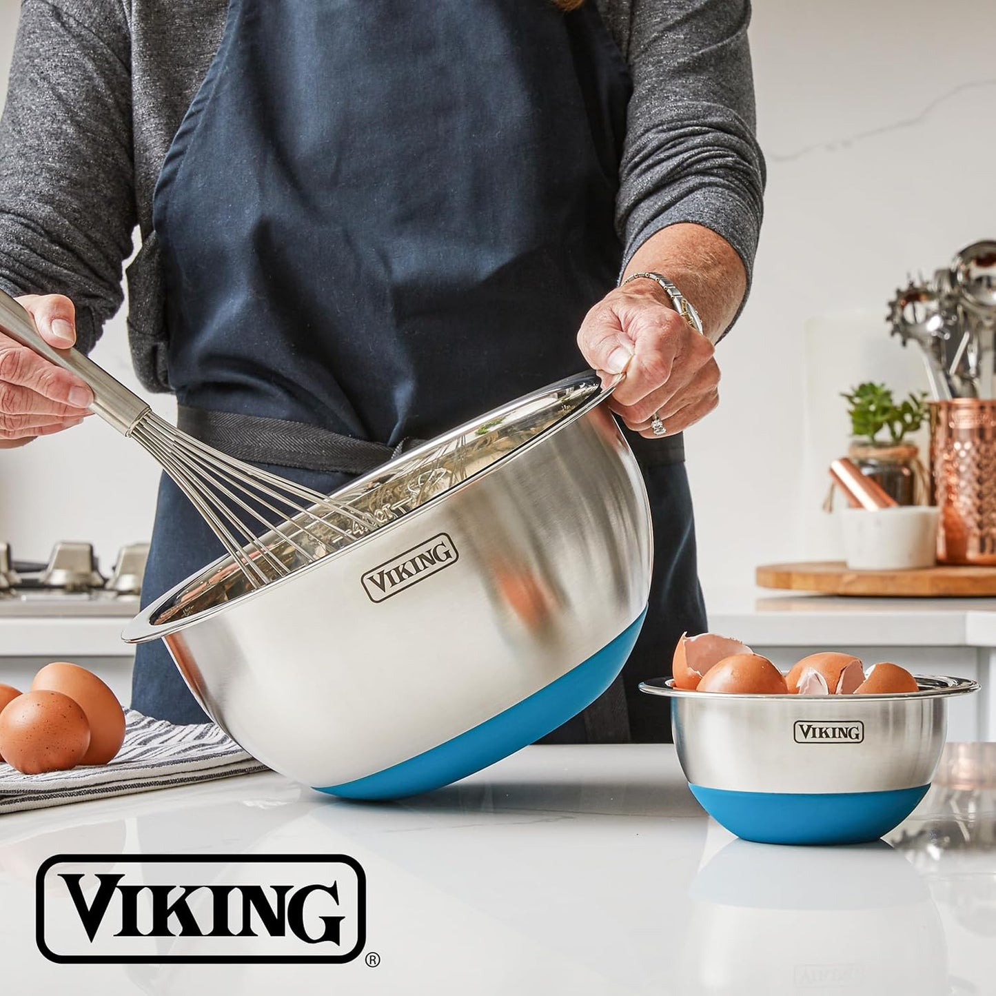 Viking Mixing Bowls Set, 10 Piece Stainless Steel Kitchen Cookware, Non-Slip Silicone Base, Includes Tight Fit Lids, Dishwasher Safe, Grey