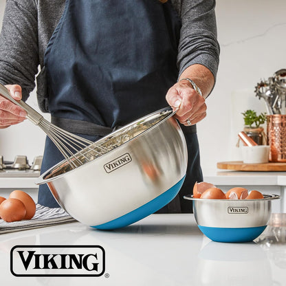 Viking Mixing Bowls Set, 10 Piece Stainless Steel Kitchen Cookware, Non-Slip Silicone Base, Includes Tight Fit Lids, Dishwasher Safe, Grey