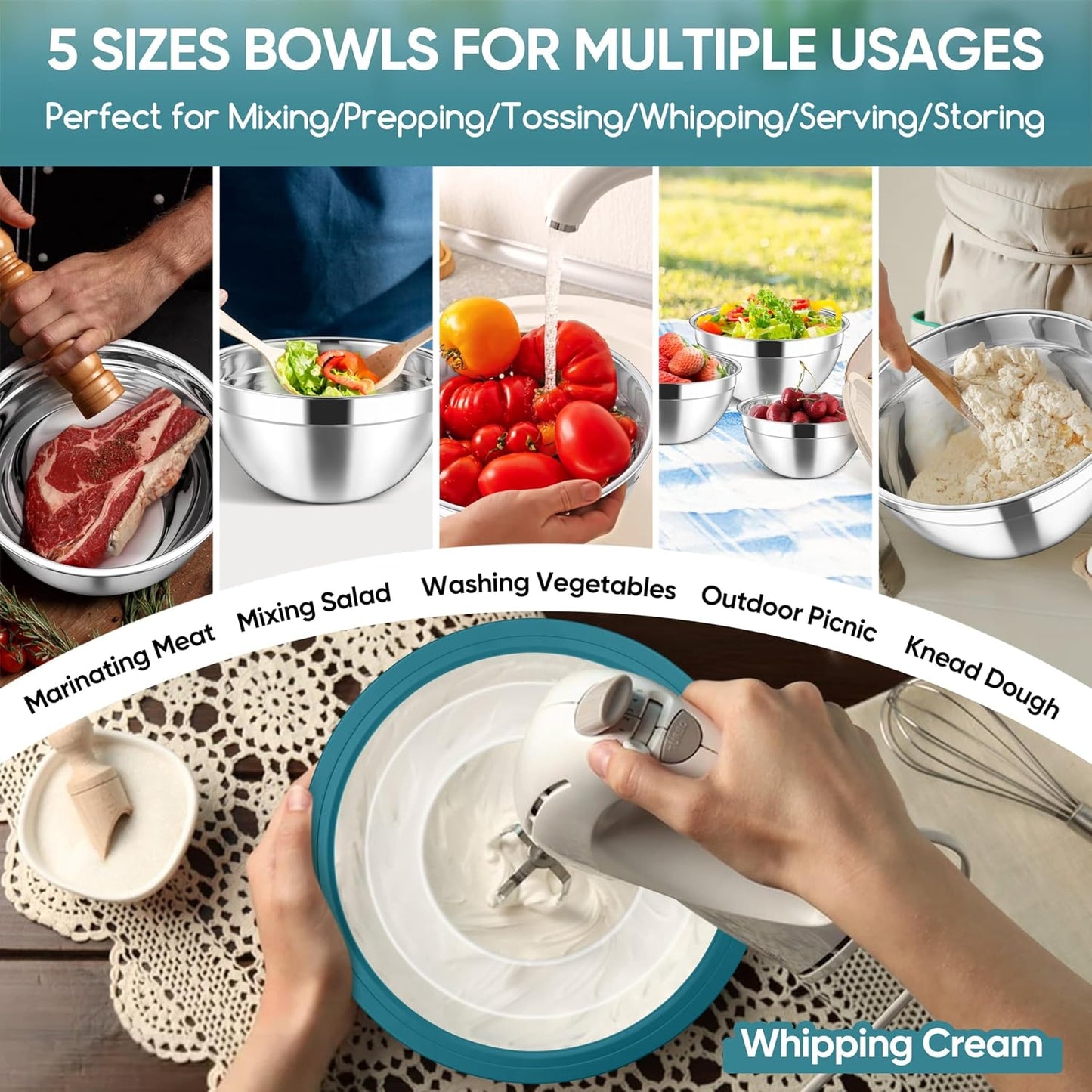 Herogo 5-Piece Mixing Bowls with Airtight Lids, 3 Grater Attachments, Stainless Steel Salad Serving Bowls for Kitchen, Size 4.6, 3.5, 2.5, 2, 1.5QT Ideal for Prepping & Cooking, Black