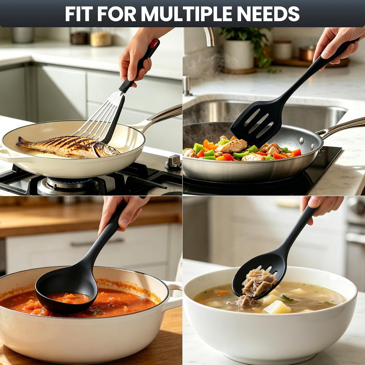 Silicone Kitchen Utensils Set, 5 PCS Heat Resistant Non Stick Cooking Tools, Silicone Spatula/Turner/Serving Spoon/Soup Ladle/Slotted Spoon, for Home and Camping