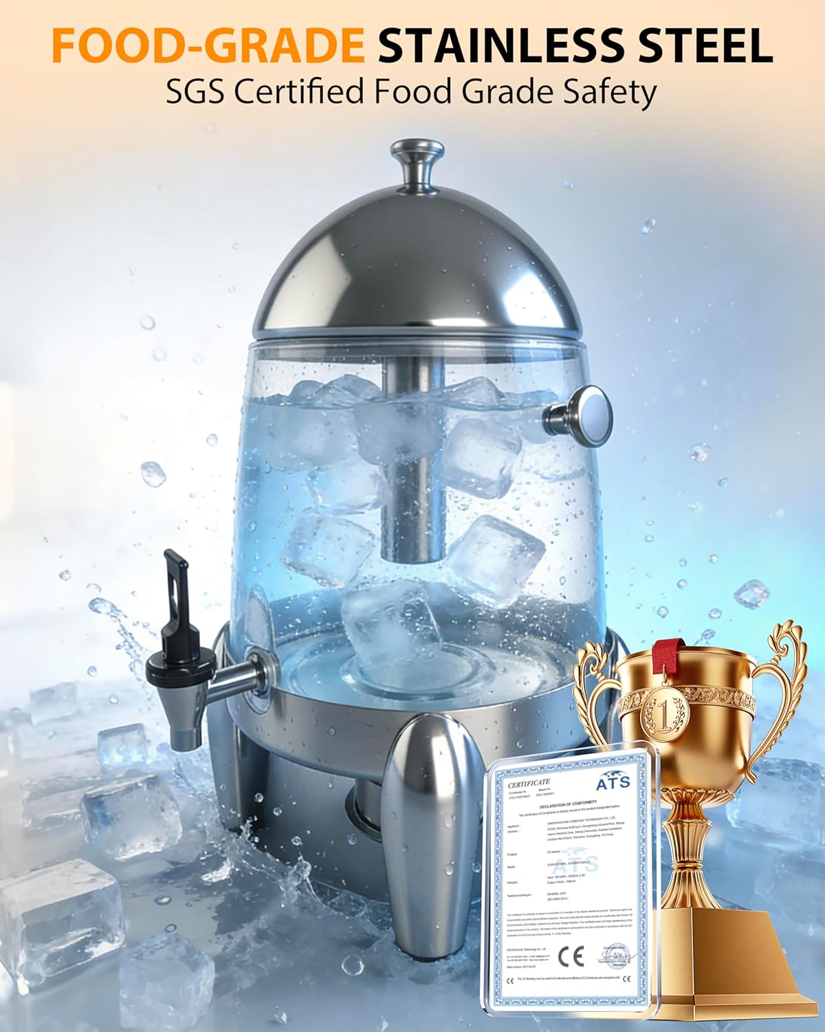 Beverage Dispenser with Stand, 3 Gallon Drink Dispenser for Parties,Events,Buffet &Self-Serve,Dual Ice Tube Core Fruit Infuser,Leakproof Spigot,Clear PC Container, Stainless Steel Lid&Base
